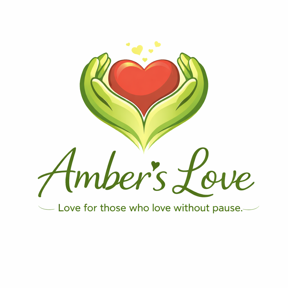 Amber's Love logo: two green hands holding a red heart