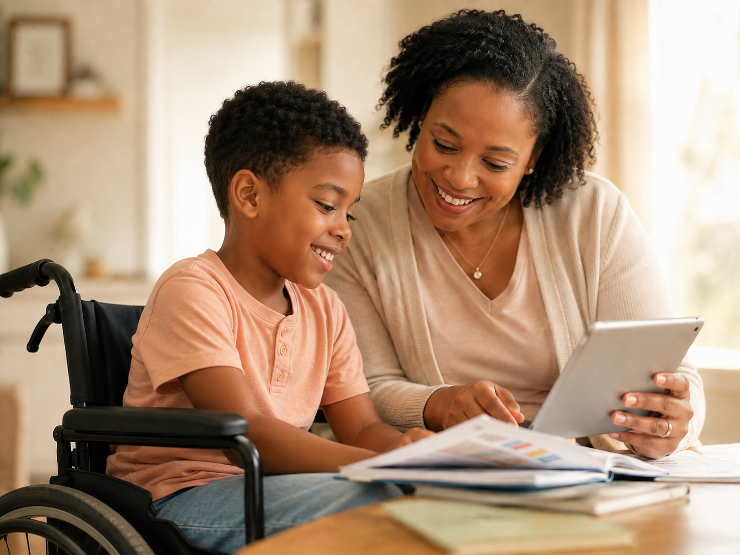 A mother and child using a tablet and resource materials together, with the child seated in a wheelchair