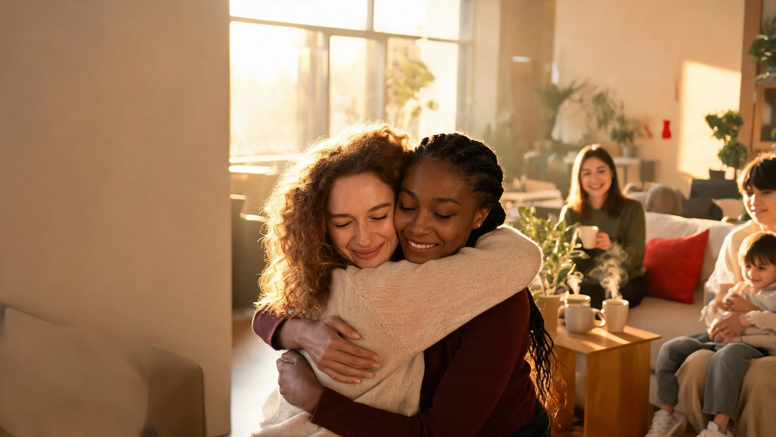 Two caregivers embrace in a warm community space while others connect nearby