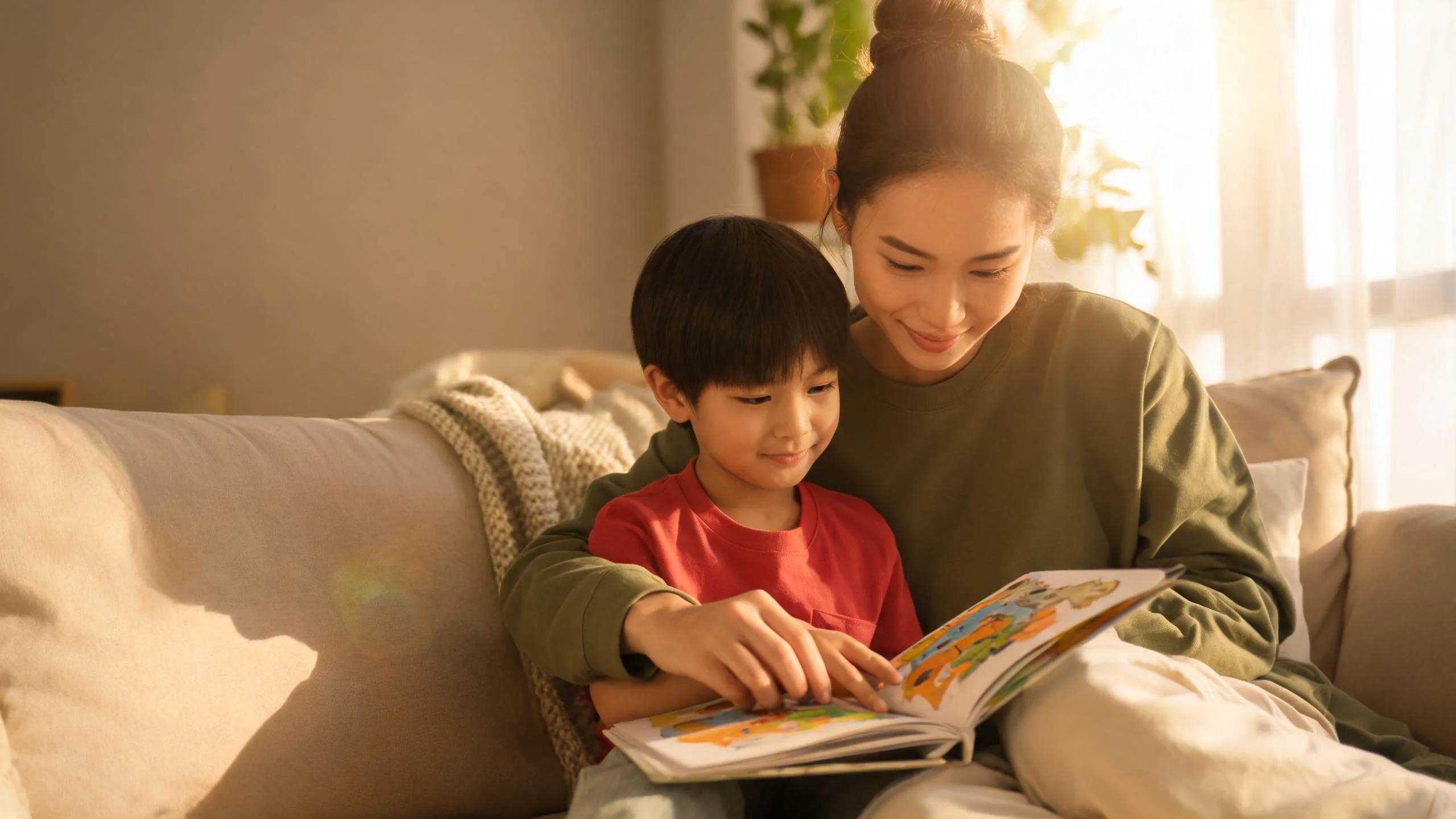 A caregiver reads a book with a child in a cozy home setting